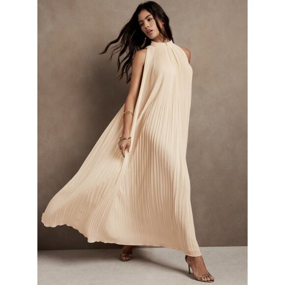 BANANA REPUBLIC Radiant Maxi Dress Ivory Sunburst Pleated Halter Neck Women's XL - Picture 1 of 13